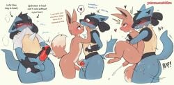 akibun anal anal_sex animal_genitalia animal_penis anthro biped black_body blue_body brown_body brown_fur canine_genitalia canine_penis dialogue duo eevee erection fur gay gay_sex generation_1_pokemon generation_4_pokemon genitals hi_res lucario male male/male male_penetrated male_penetrating male_penetrating_male nintendo penetration penile penile_penetration penis pokemon pokemon_(species) quality red_eyes sex sheath tan_body tan_fur