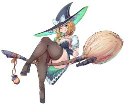 alternate_costume ass black_thighhighs blonde_hair breasts broom crossed_legs detached_sleeves frills greenm heels kirisame_marisa lantern marisa_kirisame medium_breasts necklace platform_heels side_braid simple_background sitting tagme thick_thighs thighhighs thighs touhou two_tone_clothing white_background witch_hat wrist_cuffs yellow_eyes