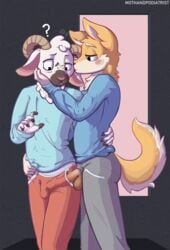 ? anthro blush bovid bulge canid canine canis caprine clothed clothing confusion domestic_dog duo embrace erection fully_clothed fur genitals hand_in_pocket hand_on_cheek hand_on_face hand_on_hip hi_res husky_inu kissing male male/male mammal mothandpodiatrist multicolored_body multicolored_fur pajamas penis penis_in_pocket penis_through_fly pockets poking_out sheep standing surprise tight_clothing two_tone_body two_tone_fur white_body white_fur yellow_body yellow_fur