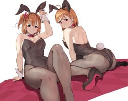 2girls ahoge alp animal_ears arched_back arm_support arm_up armpit_crease ass back bangs bare_arms bare_shoulders big_ass black_footwear black_hairband black_leotard blue_eyes blush bow bowtie braid breasts brown_legwear bunny_ears bunnysuit cleavage closed_mouth collarbone commentary_request covered_navel cuffs_(clothing) detached_collar dutch_angle exposed_back fake_animal_ears fake_tail female female_only footwear_bow grin hair_between_eyes hair_bow hairband heels high_heels horny knee_up kousaka_honoka large_breasts leotard looking_at_viewer looking_back love_live! love_live!_school_idol_project love_live!_sunshine!! medium_breasts medium_hair multiple_girls no_shoes on_floor one_side_up orange_hair pantyhose pink_bow pink_neckwear playboy_bunny rabbit_ears rabbit_tail red_eyes shiny shiny_hair shoe_soles shoes short_hair shoulder_blades side_braid sitting smile strapless strapless_leotard tail takami_chika thick_thighs thighs touching_ears wariza white_background wrist_cuffs