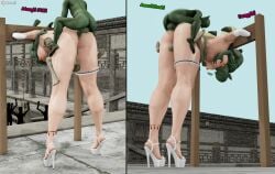 3d arms_restrained blonde_female blonde_hair blonde_hair_female censored censored_penis censored_pussy crown dialogue elf elf_ears elf_female elf_girl elf_queen enslaved enslaved_royal fellatio goblin goblin_male high_heels multiple_boys multiple_males multiple_penises naked naked_female naked_male nude nude_female nude_male oral oral_penetration oral_sex pillory platform_heels public public_nudity public_use queen rape restrained restrained_arms ronail royal royalty small_dom_big_sub smegma stocks text tiara