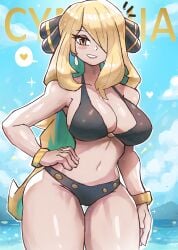 absurdres alternate_eye_color bare_shoulders bikini black_bikini blonde_hair blue_sky blush_stickers bracelet breasts character_name cleavage collarbone cowboy_shot cynthia_(pokemon) day earrings english_commentary eyelashes female hair_ornament hair_over_one_eye hand_on_own_hip heart highres jewelry large_breasts long_hair looking_at_viewer navel ocean open_mouth outline pokemon pokemon_dppt sky smile solo speech_bubble spoken_heart standing swimsuit thigh_gap tony_welt water white_outline yellow_eyes