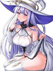 1girls armpit azur_lane black_panties blush breasts clothed clothing detached_sleeves dress dress_lift earrings eyebrows_visible_through_hair female female_only guichen_(azur_lane) hat huge_breasts inviting iris_libre_(azur_lane) light-skinned_female light_skin looking_at_viewer panties purple_eyes purple_hair seductive sideboob simple_background solo syr25mc888_(kudoo_kuon) teasing thick_thighs white_background witch witch_hat