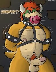 angry anthro ball_gag balls barazoku bodily_fluids bondage bound bowser cuff_(restraint) drooling erection gag gagged genitals hair harness hi_res leather leather_cuffs leather_harness male male_only mario_(series) musclegut muscular nintendo nipples ollieotty pecs penis pubes questionable_consent red_eyes red_hair restraints saliva scalie solo struggling