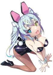 1girls black_heels blue_eye blue_hair breasts bunnysuit cleavage clothed clothing emove eyebrows_visible_through_hair fake_animal_ears fake_rabbit_ears female female_only green_eyes heels heterochromia huge_breasts light-skinned_female light_skin mechanical mechanical_animal_ears mechanical_ears open_mouth osanadaisuke senkou_noluna simple_background solo twintails virtual_youtuber white_background