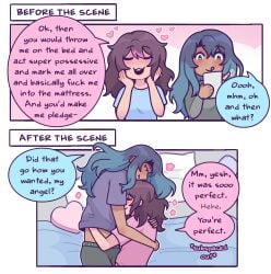 2girls :3 ^w^ after_sex aftercare afterglow bed before_and_after before_sex blue_eyes blue_hair closed_eyes color_coded_speech_bubble cuddling dark-skinned_female dark_skin emma_(welcome_to_heaven) english_dialogue english_text female female_only heart hearts_around_head hugging light-skinned_female light_skin notepad planning purple_hair romantic_couple sasha_(welcome_to_heaven) speech_bubble welcome_to_heaven wholesome writing yuri