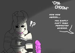 2d after_masturbation alphys anthro asriel_beta asriel_dreemurr asriel_dreemurr_(god_form) barely_visible_genitalia barely_visible_penis bodily_fluids bovid bow_tie caprine clothing collar cosplay dialogue duo female femboy furry furry_male genitals goat goat_boy goat_humanoid hi_res hoaxy horn maid_uniform male male/female mammal markings penis sex_toy surprised_expression tired undertale undertale_(series) uniform video_games