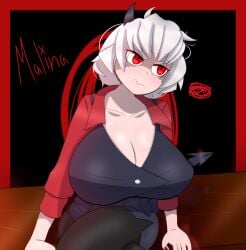 4k angry angry_face annoyed annoyed_expression breasts crossed_legs demon demon_girl demon_horns demon_tail gothtrishy grumpy helltaker hi_res highres huge_breasts legs_crossed looking_away mad malina_(helltaker) on_table red_eyes short_hair sitting_on_desk tail thick_thighs thighs white_hair