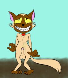 anthro balls bodily_fluids bunnicula_(series) chester_(bunnicula) domestic_cat felid feline felis genital_fluids genitals illegaleel knock-kneed male mammal omorashi peeing peeing_on_self penis simple_background solo tagme urine urine_stream wetting