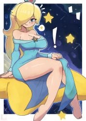 ! absurdres bad_feet barefoot blonde_hair blue_dress blue_eyes blush breasts cleavage collarbone crown dress eyeshadow female hair_over_one_eye highres knees_together_feet_apart large_breasts legs long_hair long_sleeves looking_at_viewer makeup mario_(series) off-shoulder_dress off_shoulder princess princess_rosalina shooting_star side_slit sitting sky smile solo space sparkle speech_bubble spoken_star star_(sky) star_(symbol) starry_sky super_mario_galaxy thighs tony_welt video_game_character video_games