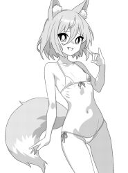 animal_ear_fluff bikini blush breasts cowboy_shot cute_fang female fox fox_shadow_puppet fox_tail front-tie_bikini_top front-tie_top greyscale groin kudamaki_tsukasa monochrome navel onkn_sxkn open_mouth short_hair side-tie_bikini_bottom simple_background small_breasts smile solo swimsuit tail touhou white_background