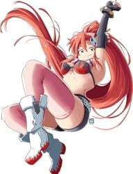 1girls autolewd boots bra gloves hair_ornament long_hair medium_breasts pink_socks pink_thighhighs ponytail red_hair short_shorts shorts socks socks_and_boots solo tengen_toppa_gurren_lagann thigh_socks thighhighs white_boots yellow_eyes yoko_littner