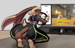 anus ass balls big_butt bottomwear brown_body brown_fur clothing comet_bun crouching exercise fur genitals hair hi_res kotsu lagomorph legwear long_ears looking_back mammal nintendo nintendo_switch pants ring_fit_adventure short_tail signature squats thick_thighs tight_clothing tights topwear torn_clothing video_games workout yoga_pants