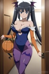 1girls ai_generated big_breasts black_hair blue_eyes breasts cosplay covered_navel darkstalkers dungeon_ni_deai_wo_motomeru_no_wa_machigatteiru_darou_ka female female_only halloween hestia_(danmachi) large_breasts long_hair morrigan_aensland_(cosplay) seductive smile solo thick_thighs twintails twintails_kami wide_hips wings