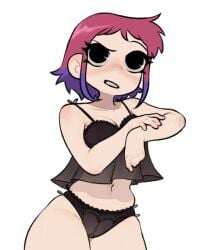 black_eyes blush breasts cleavage gurumo lingerie lingerie_only pink_hair ramona_flowers scott_pilgrim short_hair tagme thick_thighs wide_hips