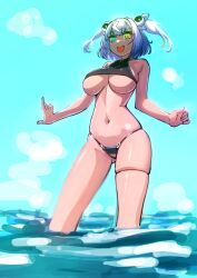 1girls android android_girl belly_button bikini blue_eye blue_hair breasts emove eyebrows_visible_through_hair female female_only happy heterochromia huge_breasts light-skinned_female light_skin open_mouth osanadaisuke outside robot robot_girl senkou_noluna solo swimsuit underboob virtual_youtuber water yellow_eye