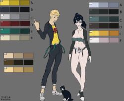 1boy 1girls animal black_hair blonde_hair character_sheet female hotpants male morgana_(persona) persona persona_5 rule_63 ryuji_sakamoto smiling thick_thighs wankofool