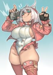 1girls breasts elphelt_valentine female guilty_gear guilty_gear_strive hi_res hips holding_object huge_breasts kelvin_hiu light-skinned_female light_skin naughty_face peace_sign short_hair shortstack thick_thighs thighs white_hair wide_hips
