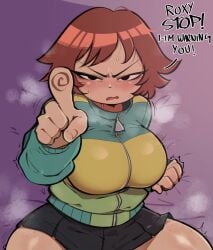 1girls black_eyes blush brown_hair clothed female female_only freckles freckles_on_face freckles_on_thighs jacket jsq012 kim_pine looking_at_viewer no_visible_genitalia pointing scott_pilgrim short_hair skirt solo solo_female steam sweat text thick_thighs