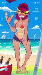 beach blush breasts cloud doubt_(thedo_ubt) female foster's_home_for_imaginary_friends frankie_foster full_body hat navel nipples ocean outdoors red_hair sand sandals shorts sky solo summer sweat swimsuit