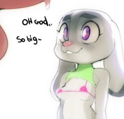 <3_eyes 2021 anthro balls breasts clothed clothing disney doxy duo english_text erection female fur furry genitals grey_body grey_fur heart judy_hopps lagomorph leporid long_ears male male/female mammal micro_bikini_top penis purple_eyes rabbit simple_background skimpy small_breasts text topwear white_background zootopia