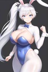 1girls ai_generated blue_eyes blue_leotard bowtie breasts bunny_ears bunny_tail fake_animal_ears fake_tail highleg highleg_leotard large_breasts leotard looking_at_viewer pantyhose playboy_bunny ponytail rwby shrug_(clothing) side_ponytail transformationwitch weiss_schnee white_hair