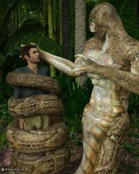 2boys adventurer bondage brown_hair clothed clothing coiling forest forest_background gay glowing_eyes green_background helpless hypnosis hypnotic_eyes male male/male male_monster male_only monster msangelfood naga peril serpentine snake standing staring staring_into_eyes uncharted wrapped