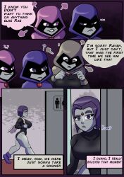 big_breasts cape comic comic_page comic_strip dc dc_comics dialogue evil_raccoon gray_eyes grey_body grey_eyes grey_skin grey_skin pink_eyes purple_eyes purple_hair rachel_roth raven_(dc)