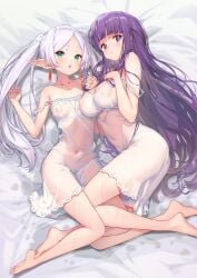 2girls ass bare_shoulders barefoot big_breasts elf_ears elf_female feet female female_only fern_(sousou_no_frieren) frieren green_eyes hips hong_(white_spider) imminent_sex laying_on_bed legs multiple_girls navel purple_eyes purple_hair small_breasts sousou_no_frieren sweat sweating thick_thighs thighs transparent_clothing visible_nipples wet white_hair