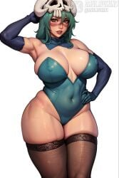 ai_generated bare_shoulders big_ass big_breasts big_butt bleach bleach:_the_thousand-year_blood_war chubby collar daulawkins elbow_gloves gloves green_eyes green_hair hand_on_head hand_on_hip large_breasts leotard looking_at_viewer milf nelliel_tu_odelschwanck stable_diffusion stockings thick thick_thighs thighhighs thighs