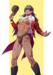 1boy abs evinist jockstrap leon_(pokemon) male male_only muscular muscular_male pecs pokemon purple_hair thong underwear