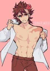 1boy abs alternate_costume artist_name diamant_(fire_emblem) earrings fire_emblem fire_emblem_engage highres jewelry looking_to_the_side male male_focus male_only masculine nintendo pants red_eyes red_hair red_pants single_earring solo tumblr_username twitter_username xander_wolk