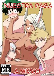 1girl 3boys bakugou_katsuki big_breasts dark-skinned_female elferdiart female femdom foursome group izuku_midoriya katsuki_bakugou male male/female midoriya_izuku miruko muscular_female my_hero_academia nipples nude nude_female rabbit rumi_usagiyama shouto_todoroki todoroki_shouto white_hair