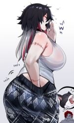 ass black_hair clothed clothed_female clothed_male couple flare_pants heart_(kurenaiz) itching k_(kurenaiz) kurenaiz1 original red_hair scratching scratching_butt stiched stiches stiching tomboy waking_up yawn yawning