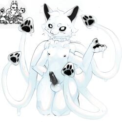 4_arms black_sclera canine changed_(video_game) erection male_only multi_arm multi_limb multi_tail nipples paws penis squid_dog_(changed) tentacle white_background white_fur white_hair white_pupils