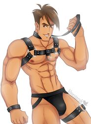 1boy abs bara bara_tits belt big_balls big_muscles bondage bondage_harness brandon_(winx_club) brown_eyes brown_hair bulge harness jockstrap latex leash looking_at_viewer male male_nipples male_only muscles muscular muscular_arms muscular_male muscular_thighs nesteruk nipples nude_male pecs sideburns simple_background smile smirk solo solo_male underwear white_background winx_club