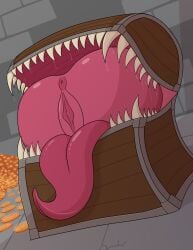 anthro ass_focus chest coin drolling dungeon fantasy female female_mimic gold_coin mimic mimic_chest noxshade pink_ass sharp_teeth slobber tagme tongue tongue_out