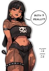 1girls ai_generated black_hair black_lipstick brown_eyes busty chel collar curvy dark-skinned_female dark_skin dreamworks earrings english_text female fishnets goth goth_girl hips midriff native_american native_american_female pentagram redpostit small_waist speech_bubble the_road_to_el_dorado