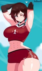 1girls abs alternate_breast_size arms_up female female_only human pinup ruby_rose rwby silver_eyes solo srchoco13 stretching volleyball_uniform