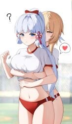 2girls ? buruma female_pervert genshin_impact huge_breasts hugging hugging_from_behind kamisato_ayaka lumine_(genshin_impact) spoken_heart sports_uniform thick_thighs wide_hips yeni1871 yuri