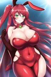 1girls ai_generated breasts bunny_ears detached_collar dress elbow_gloves fake_animal_ears gloves green_eyes large_breasts looking_at_viewer navel navel_visible_through_clothes playboy_bunny ponytail pyrrha_nikos red_dress red_hair rwby side_ponytail transformationwitch