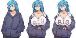 baggy_hoodie big_breasts blue_hair commission green_eyes hammerspace hidden_buxom huge_breasts kurage_shokushu oc original_character revealing_breasts smug_face steamy_breasts text_on_clothing unzipping white_background