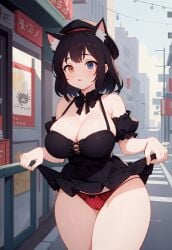 ai_generated breasts cameltoe cat_ears catgirl cleavage curvy dress dress_lift female female_focus female_only girly heterochromia huge_breasts jorgecarlosai neko neko_girl nekomimi panties red_panties thick thick_thighs wide_hips