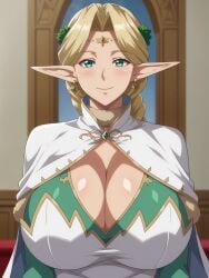 ai_generated blonde_hair cleavage dress earrings elf ephildis_agraliel female green_eyes huge_breasts indoors kageno kyonyuu_elf_oyako_saimin looking_at_viewer mature_female pointy_ears smile solo tagme upper_body