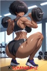 12kaneda12 afro ai_generated big_ass black_female bubble_butt ebony gym_clothes hair_covering_eyes huge_ass large_breasts muscular_female squatting sweating watermark