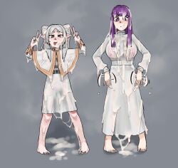 2girls bukakke bukkake chair_san clothed cum_drenched cum_drip cum_dripping cum_on_body cum_on_breasts cum_on_face cum_pool cum_puddle cum_soaked elf elf_ears elf_female female female_only fern_(sousou_no_frieren) frieren fully_clothed hime_cut multiple_girls purple_hair sousou_no_frieren tagme wet_clothes white_hair
