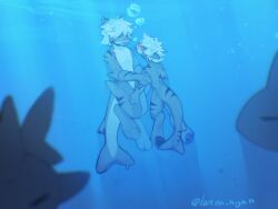 2boys after_transformation anthro blue_background changed_(video_game) colin_(changed) male/male shark shark_tail tiger_shark tiger_shark_(changed) tongue_out underwater white_hair