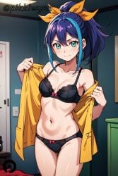 ai_generated black_bra black_panties blue_hair blush bow bra breasts cleavage closed_mouth collarbone cowboy_shot female green_eyes indoors locker looking_at_viewer medium_breasts multicolored_hair navel open_clothes panties pikkiwynn ponytail serena_(yu-gi-oh!_arc-v) shirt smile solo stomach streaked_hair two-tone_hair underwear undressing yu-gi-oh!_arc-v