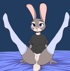 2022 anthro anus ass bed clothing confusion disney female floppy_ears footwear fur furniture genitals grey_body grey_fur hi_res judy_hopps lagomorph legs_up leporid lop_ears mammal multicolored_ears nude purple_eyes pussy rabbit redmn short_tail socks solo tail white_body white_fur zootopia