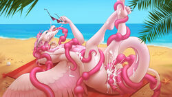 absurd_res anthro beach bitemylip bodily_fluids breasts cum day detailed_background dragon feathered_dragon feathered_wings feathers female genital_fluids hi_res horizontal_pussy nude open_mouth outside penetration sand seaside shoreline sky solo teeth tentacle tongue vaginal_penetration water wings